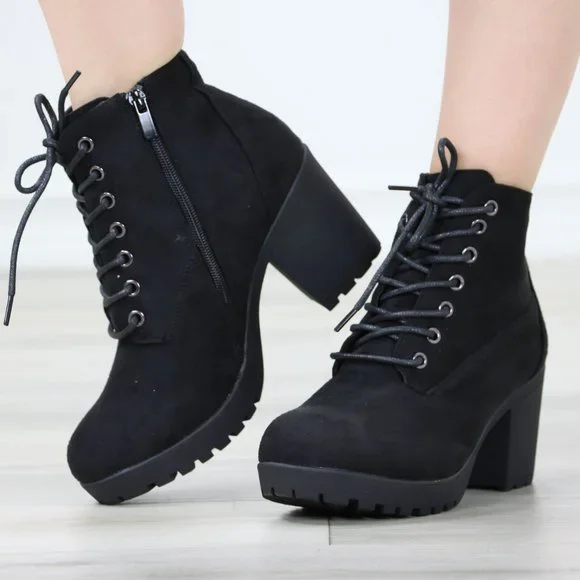 Black Suede Ankle Chunky Block Lug High Heel Boots Lace-Up - Picture 13 of 13